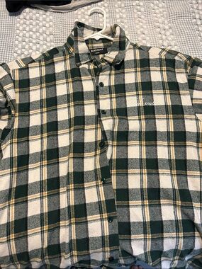 Black Scale Green and White Plaid Button-Down Shirt with Yellow Accents